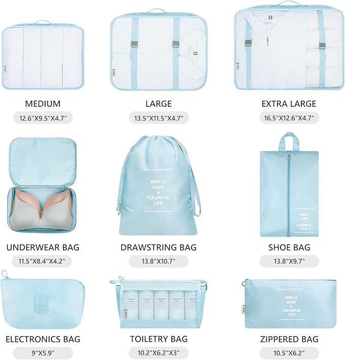 Mossio 9 Set Packing Cubes with Shoe Bag & Electronics Bag - Luggage Organizers Suitcase Travel Accessories