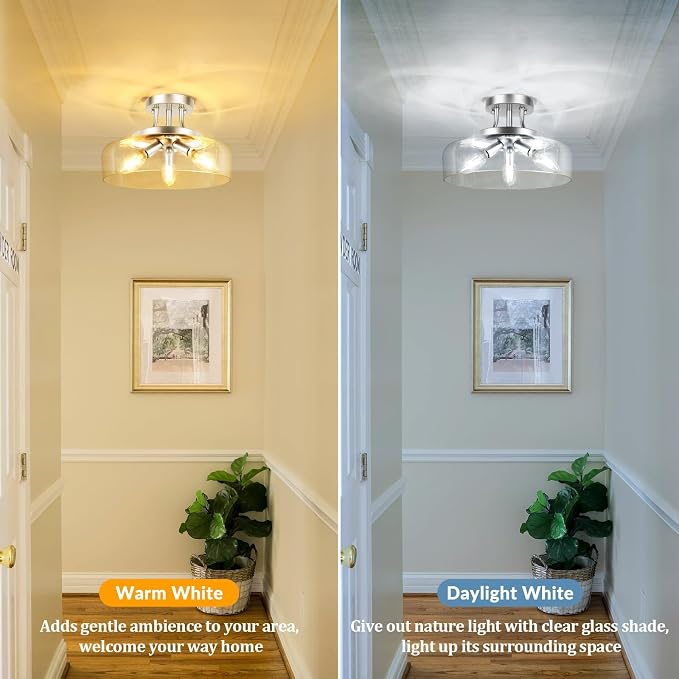 3-Light Semi Flush Mount Light Fixture, Modern Industrial Glass Ceiling Light with E12 Base, Metal Semi Flush Ceiling Light for Living Room Kitchen Bedroom Hallway Balcony, No Bulbs, Nickle