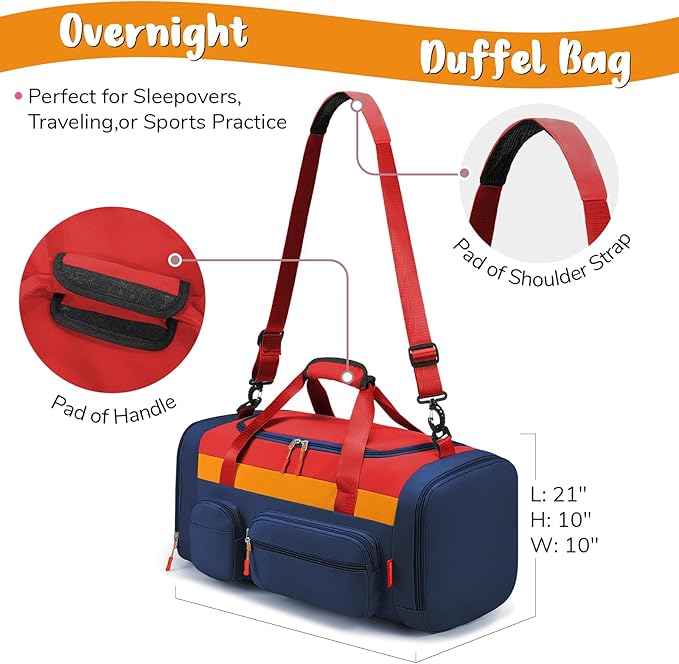WOOMADA Kids Duffle Bag for Boys or Girls,Weekender Overnight Bag with Shoe Compartment & Wet Pocket Perfect For School, Sports, Overnight Trips(Red Blue)