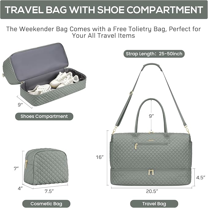 Travel Bag Weekender Bags for Women - Carry on Overnight Bag with Shoe Compartment Duffle Bag with Laptop Pocket Hospital Bag for Labor Delivery Gym Tote Bag with Toiletry Bag Dark Green