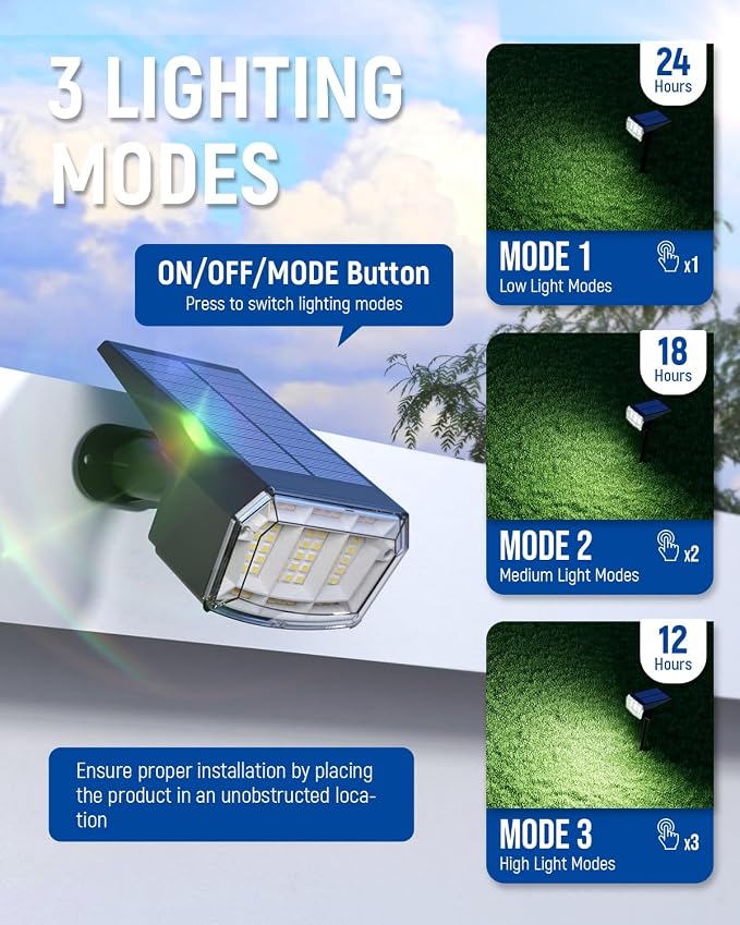 Solar Spot Lights Outdoor Waterproof, 2 Packs, Cool White | 63 LED, 3 Lighting Modes, Solar Landscape Lights for Yard, Garden, House, Garage, Pathway, Tree, Backyard