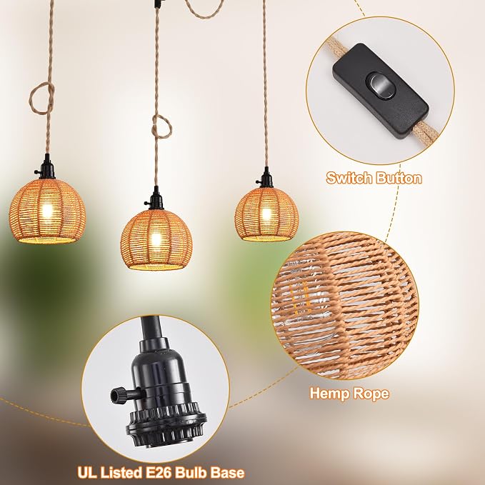 3-Light Hanging Light with Plug in Cord,Plug in Pendant Light 22ft Hemp Rope Pendant Lighting Vintage 3-Light Hanging Lamp Fixtures for Kitchen Island Living Room Bedroom