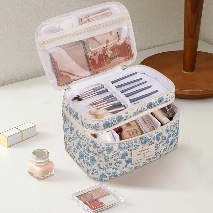 Makeup bag, Large Cosmetic Bag for Women Girls, Cute Quilted Makeup Bags, Floral Coquette Aesthetic Toiletry Bag, Travel Make Up Organizer Bag (Blue Bow)