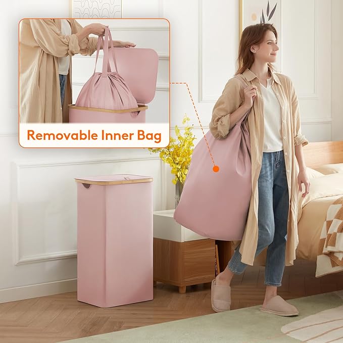 Lifewit 100L Laundry Basket with Lid, Clothes Hampers for Laundry with Bamboo Handles and 1 Removable Bag, Large Foldable Laundry Hamper for Bedroom, Bathroom, Dorm, Laundry Room, Pink