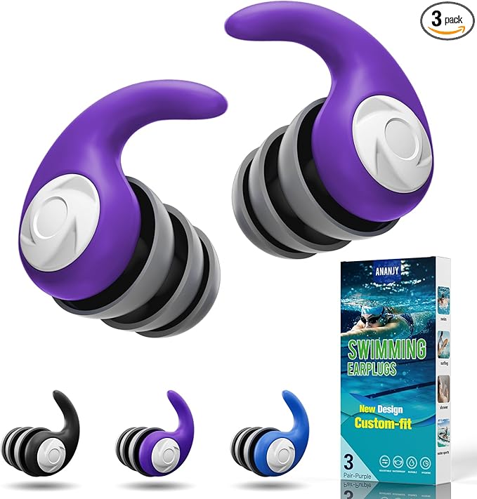 Waterproof Swimming Ear Plugs for Adults - 3 Pairs of Reusable Soft Silicone Swim Earplugs,Perfect for Surfing, Diving,Pool,Showering and Other Water Sports - Keep Water Out and Ear Protection