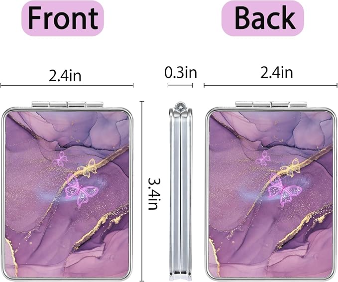 Pocket Mirror, Small Travel Mirror with Magnification, Portable Double-Sided Magnifying Cosmetic Mirror for Daily (Purple Butterfly)