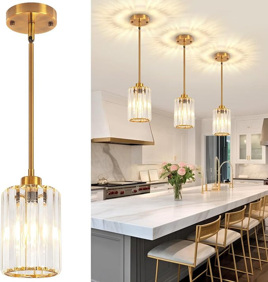 3 Pack Brushed Gold Pendant Lights Kitchen Island Crystal Mini Chandelier | Modern Kitchen Light Fixtures, Adjustable Height Hanging Pendant Lighting for Dining Room Bathroom Hallway Above Sink
