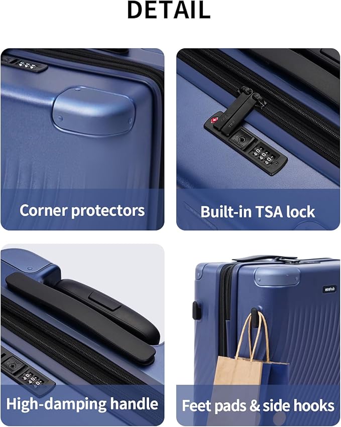 ECOHUB Hardside Expandable Carry On Luggage, 20" Rolling Luggage 22x14x9 Airline Approved with Spinner Wheels & TSA Lock, Lightweight Small Hardshell Travel Suitcase Valises, 20inch Carry-on Blue