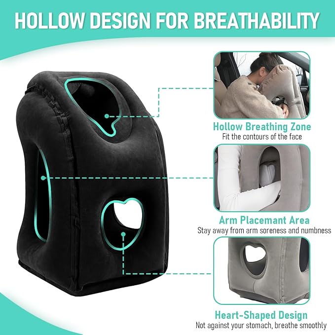 Inflatable Travel Pillow for Airplanes, Airplane Pillow for Long Flight Comfortably Supports, Used for Planes, Trains, Cars, Includes Storage Bag, Eye Mask & Earplugs (Black)