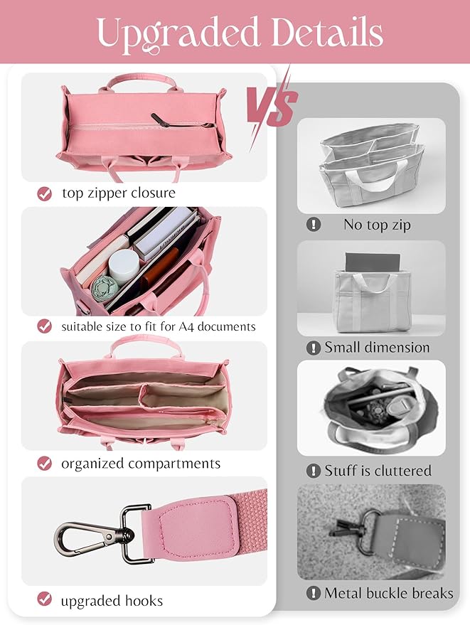 FIORETTO Canvas Tote Bag for Women with Zipper Closure & Individual Compartments for Work College for Teacher & Nurse