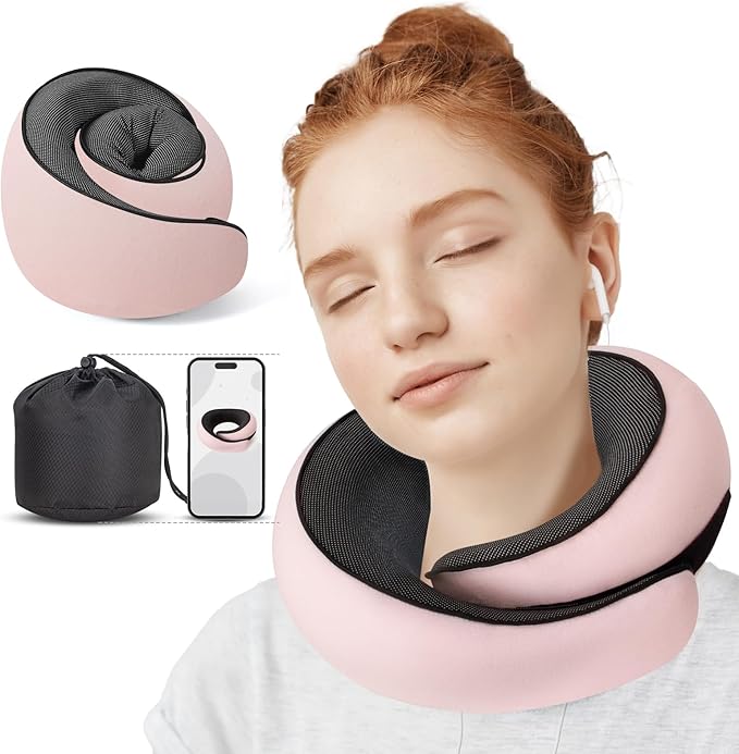 NOCRLG Travel Pillow, Travel Neck Pillow for Airplanes Car, 100% Pure Memory Foam Travel Pillow, Sleeping Essentials for Long Flight 360° Head Support Degree Comfort and Breathability (Pink)