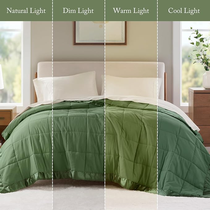 Madison Park Down Alternative Twin Size Blanket for Bed, Satin Trim, Green | Lightweight Windom Blanket Premium 3M Scotchgard Moisture Wicking Treatment, OEKO TEX, Soft Bed Cover, All Season
