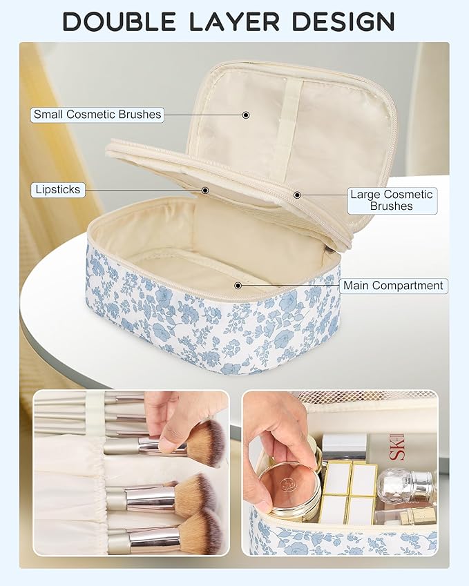 Relavel Travel Makeup Bag, Small Floral Cosmetic Bag with Makeup Brush Compartment, Portable Makeup Pouch for Women, Double Layer Makeup Organizer Bag Cute Toiletry Bag