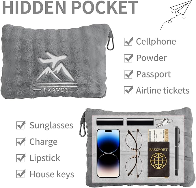 Travel Blanket and Pillow-2-in-1, Ultra-Soft&Compact,Airplane Blanket with Hand Luggage Belt and Backpack Clip,Travelers Accessories Gifts, 61x43 Inches（Gray）