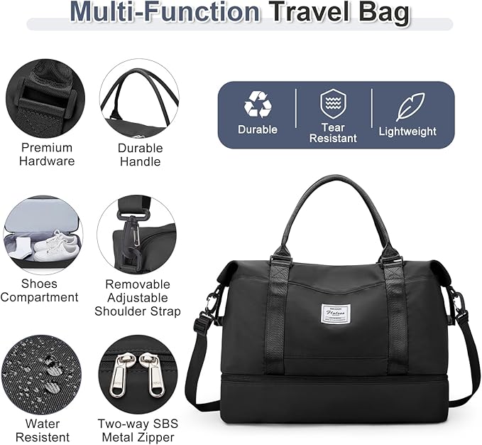 Weekender Bags for Women,Travel Duffel Bags with Shoe Compartment & Wet Pocket,Personal Item Travel Bag for Airlines,Carry on Overnight Tote Bag for women,3Pcs Set，Black