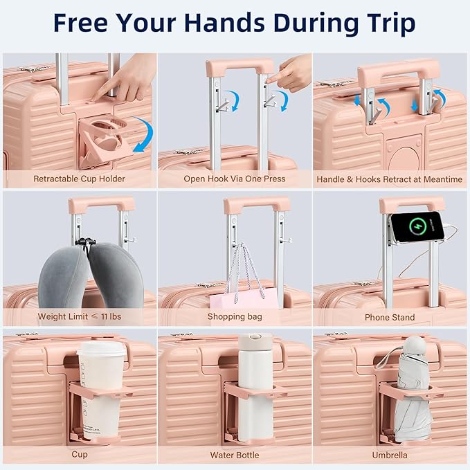 HanTrip Hard Shell Suitcases 20 Inch Carry on Luggage Airline Approved, Expandable Travel Luggage with Cup Holder Charger Built in Lightweight Small Suitcase with Wheels, Pink
