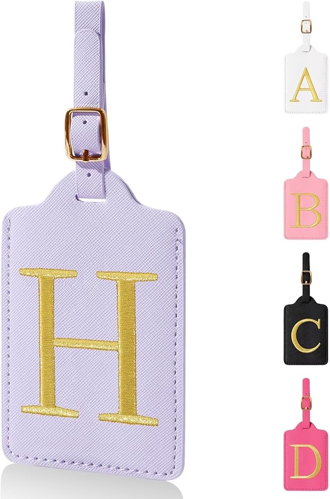 Personalized Initial Luggage Tags for Suitcases,Leather Letter Cute Luggage Tags with Privacy Name Card,Embroidered Monogrammed Travel Bag Backpack Tag Gifts for Women Kids Girls Teens(Purple-H)