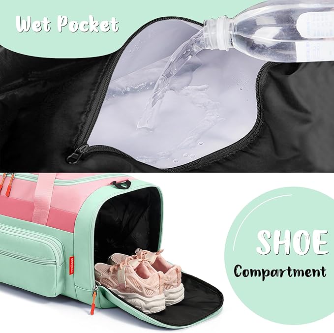 WOOMADA Kids Duffle Bag for Boys or Girls,Weekender Overnight Bag with Shoe Compartment & Wet Pocket Perfect For School, Sports, Overnight Trips(Pink Green)