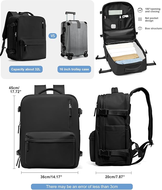 VGCUB Travel Backpack for Women Men for Spirit Airlines Personal Item Bag 18x14x8 Inches Laptop College Waterproof Carry on Flight Approved Work Backpack Mochila de Viaje,Large Black