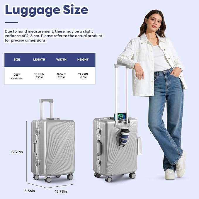20 Inch Carry On Luggage, Zipperless Luggage with Spinner Wheels, Airline Approved Suitcase with Cup Holder, TSA Lock and USB Charger for Travel, Silver(PC+Aluminum Frame)