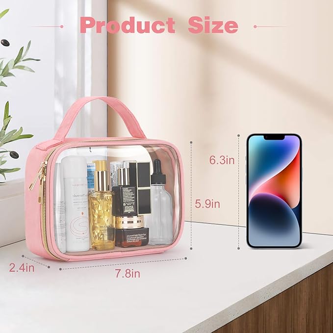 Wedama TSA Approved Toiletry Bag, 2 Pack Clear Makeup Bags with Handles, Quart Size Toiletry Bags, PVC Clear Cosmetic Bags for Women and Men, Carry on Airport Airline Compliant Bag, Pink
