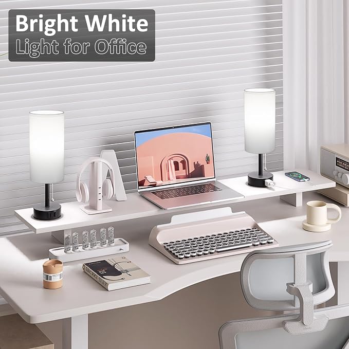 White Bedside Table Lamps Set of 2 - Bedroom Lamp for Desk, AC Outlet | 3CCT(3000K/4000K/5000K), LED Bulbs Included, White Fabric Lampshade, 14in Small Lamp for Nightstand, Guest Room, Living Room