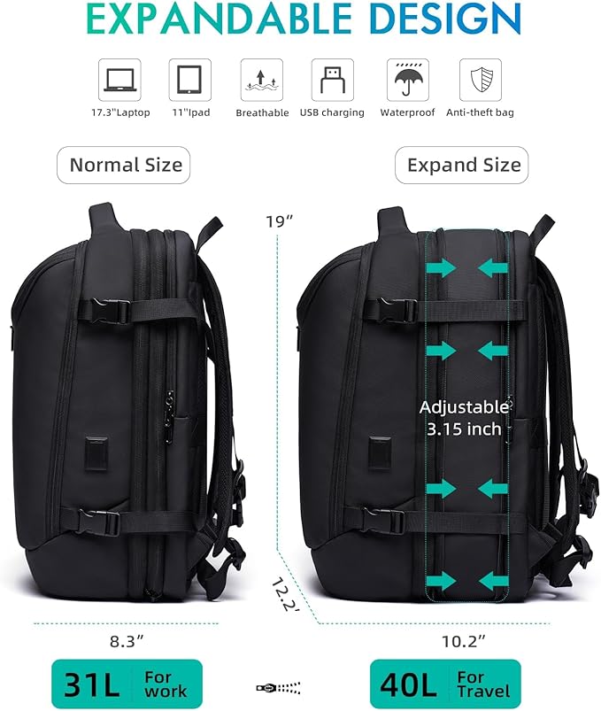 TANGCORLE Carry on Backpack for Women Men 40L Flight Approved Travel Backpack Fit 17 Inch Laptop with USB Charging Expandable Business Weekender