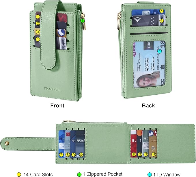 Chelmon Womens Wallet Slim RFID Blocking Bifold Multi Card Case Wallet with Zipper Pocket (Light Green)
