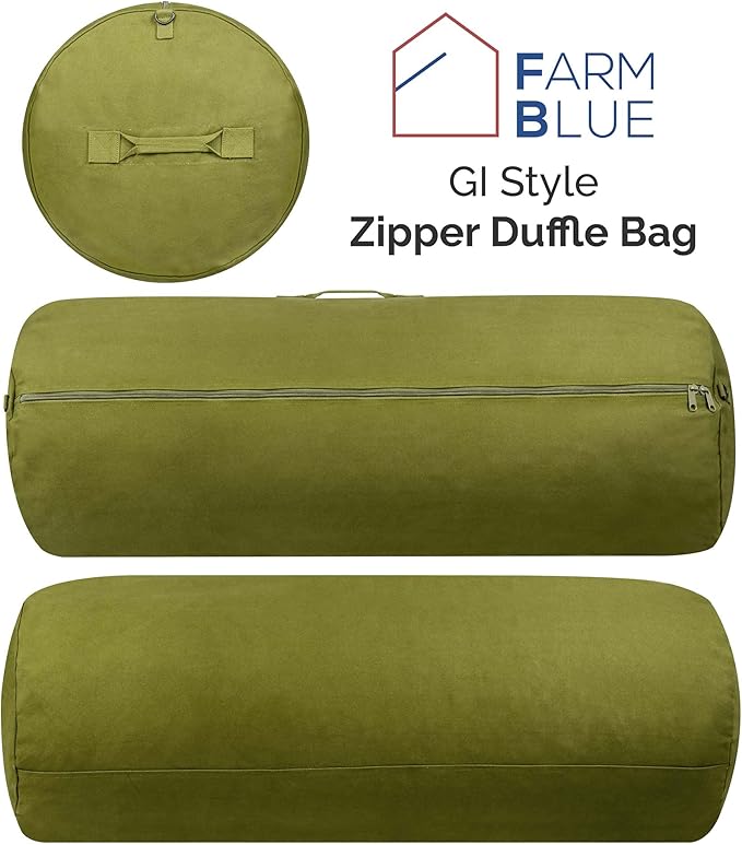 Farm Blue GI Style Zipper Duffle Bag Heavy Duty Army Duffle Bags - Military Grade Cotton Canvas Duffel Bag - Reinforced Camping Bag - Strong Zipper & Center Grab Handle (Olive Drab, X-Large)
