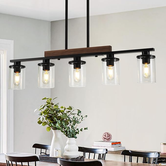 36.2‘’ Kitchen Lighting, 5-Light Dining Room Light Fixture Chandelier Over Table, Black Modern Rustic Wood Ceiling Pendant Light Fixtures, with Clear Glass Shade, Farmhouse Chandelier | 5-Light, Modern Rustic Wood Frame, Adjustable Height, Clear Glass ...