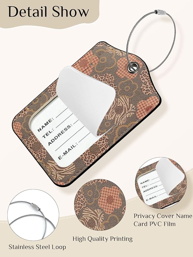 Seorsok 2 PCS Luggage Travel Tags for Suitcases,Cute Brown Leopard PU Leather Name Tag with Privacy Cover&ID Label Address Card and Durable Metal Ring Suitable for Men Women Handbags Backpack,Floral