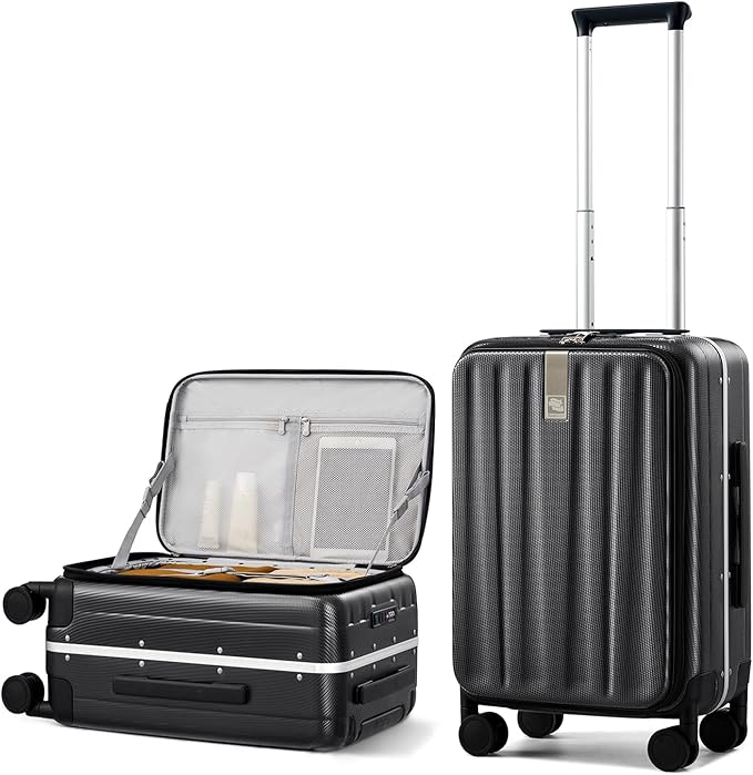Hanke 20 Inch Carry-On Luggage PC Hard Shell Suitcases for Travel Front Opening Aluminum Frame Travel Luggage Rolling Suitcase with Wheels for Women Man Gifts.(Jet Black)
