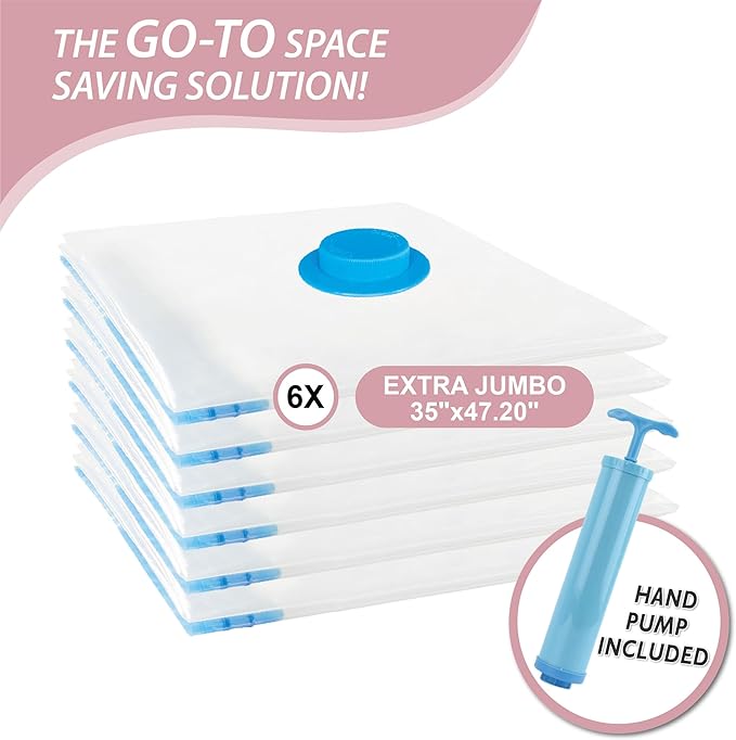 Cozy Essential Vacuum Storage Bags, 80% Compression Vacuum Seal Space Saver Plastic Packaging Bags for Clothes, Blankets, Pillow, Bedding, Comforters, Sealer Clothing Storage,6 XXL Jumbo