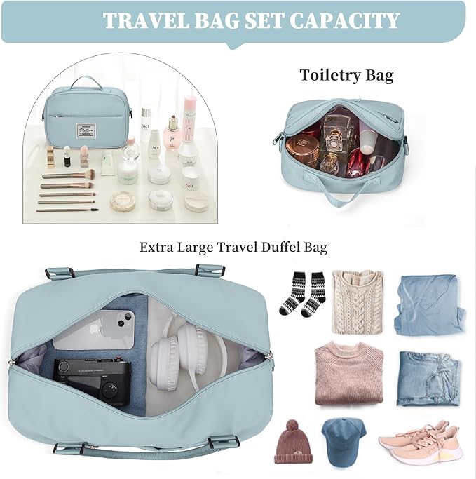 Weekender Bags for Women,Overnight Travel Duffel Bag with Shoes Compartment& Toiletry Bag,Extra Large(Light Blue)