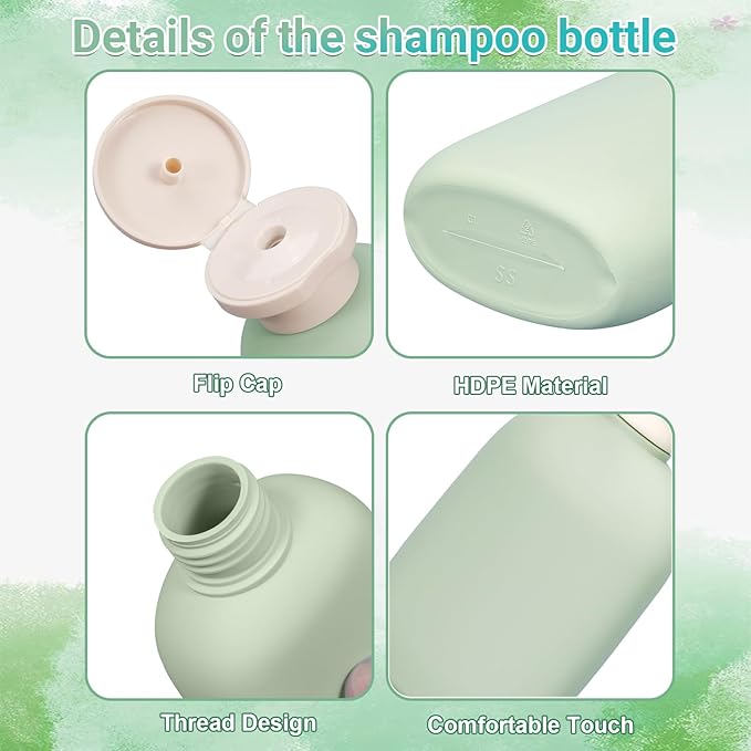 8.8 oz Plastic Travel Shampoo Bottles, Empty Plastic Squeeze Bottles with Flip Cap for Toiletries, Leakage-proof Travel Shampoo and Conditioner Bottles (4 pack, Green)