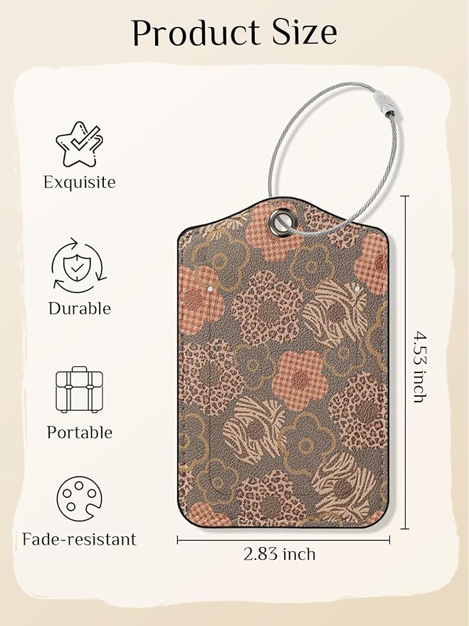 Seorsok 2 PCS Luggage Travel Tags for Suitcases,Cute Brown Leopard PU Leather Name Tag with Privacy Cover&ID Label Address Card and Durable Metal Ring Suitable for Men Women Handbags Backpack,Floral