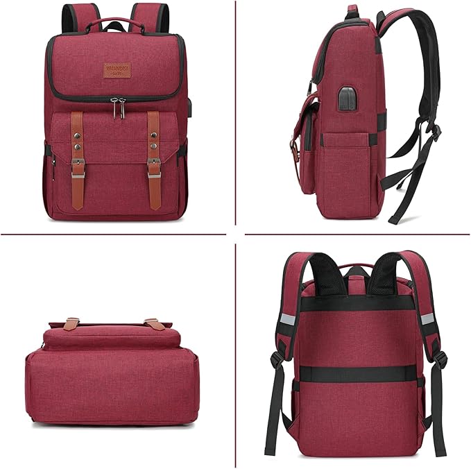 YALUNDISI Vintage Backpack Travel Laptop Backpack with usb Charging Port for Women & Men College Backpack Fits 15.6 Inch Laptop Red Brown