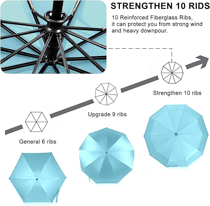 TradMall Travel Umbrella Windproof with 46 Inches Large Canopy 10 Reinforced Fiberglass Ribs Ergonomic Handle Auto Open & Close, Sky Blue