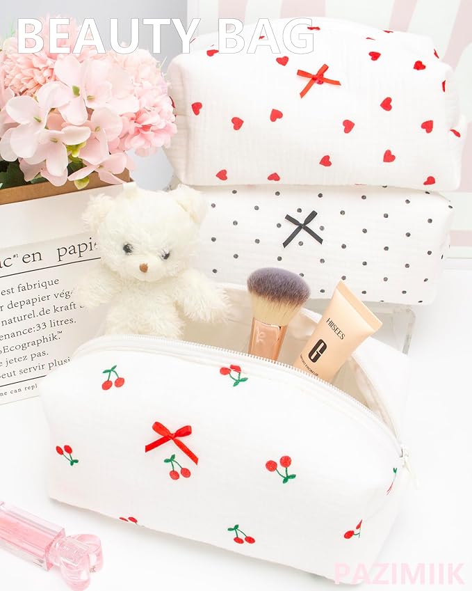 PAZIMIIK Cozy Makeup Bag Small Aesthetic Travel Zipper Cosmetic Pouch for Women Make Up Beauty Accessories Brushes,Cherry White