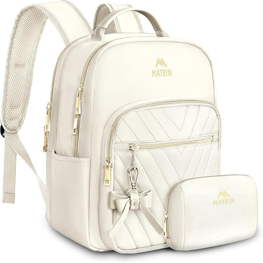MATEIN Cute Backpacks for Women, Mini Stylish Daypack Purse, Waterproof Anti-theft Travel Casual Daily Rucksack Shoulder Handbag for Work College Dating, 2pcs Sets, Beige