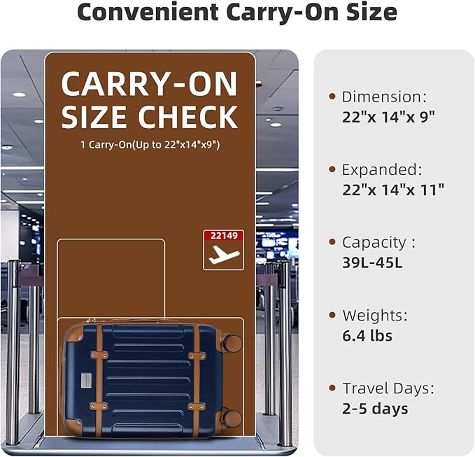 LARVENDER Carry On Luggage 22x14x9 Airline Approved with Spinner Wheels, Expandable 20 Inch Luggage with TSA Lock, Hard Shell Carry On Suitcases for Women Men, Navy Blue