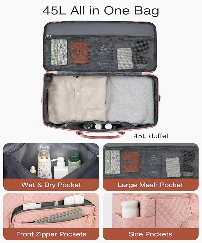 Travel Duffle Bag, Wide Open Large Weekender Bag for Women with Shoe Compartment, Carry on Overnight Bags with Toiletry Bag, Hospital Bag for Women Labor Delivery with Wet Pocket (Pink)