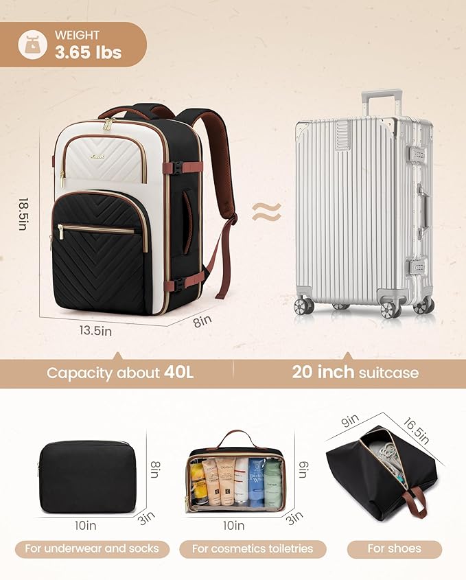 LOVEVOOK Travel Backpack Carry on Flight Approved 40L,Waterproof TSA Travel Essentials Personal Item Backpack for Women Men,Large Carry on Luggage Suitcase Travel Bag for Airplane with 3 Packing Cubes