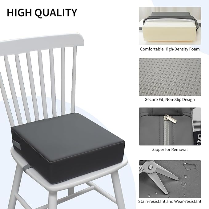 Toddler Booster Seat Dining Table Kitchen Chair, Waterproof Anti-Scratch PU Cushion, Non-Slip Bottom, Adjustable Buckle Straps, Easy Clean Portable Seat Cushion (Dark Grey)