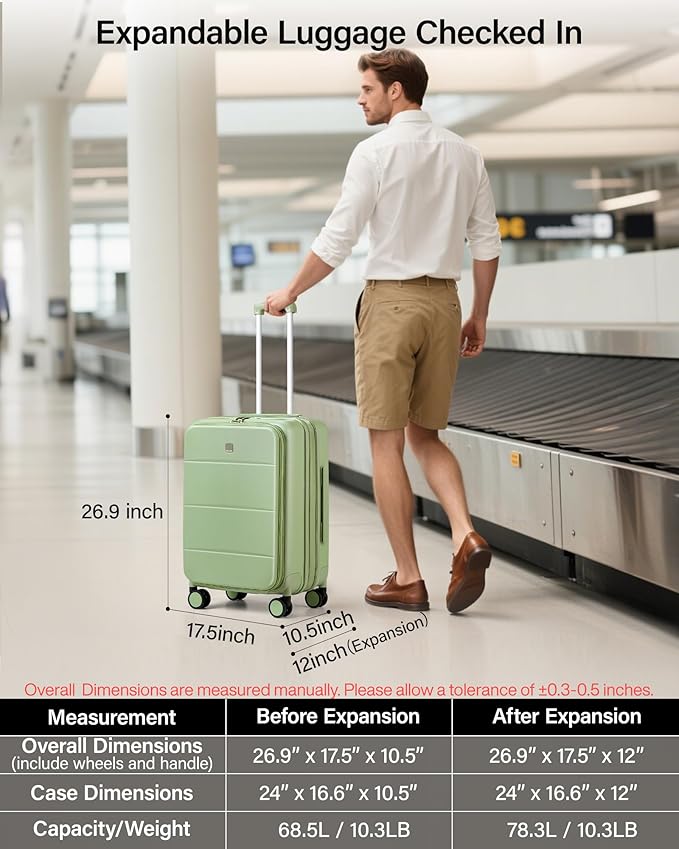 MILADA 24 Inch Checked Luggage, Expandable Hardshell Suitcase with 360° Spinner Wheels & TSA Lock, Lightweight Medium Rolling Luggage for Men and Women Travel, Bamboo Green
