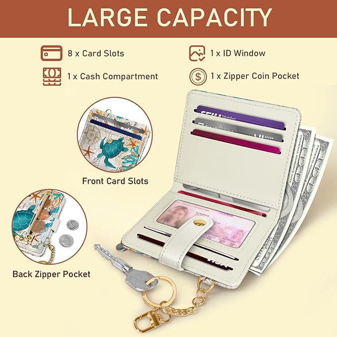 Jogjam Sea Turtle Rfid Women Wallet, Small Slim Thin Credit Card Wallet, PU Leather Bifold Cash Zipper Coin Pocket ID Window for Female Ladies Teen Girls Girly