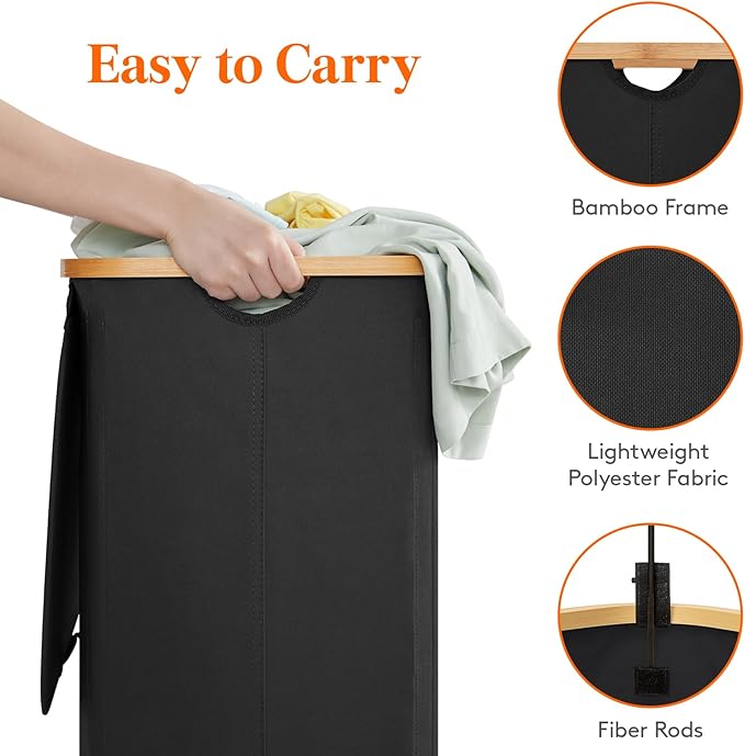 Lifewit 150L Laundry Basket with Lid, Clothes Hampers with Bamboo Handles and 2 Removable Bags, Large Foldable Laundry Hamper for Bedroom, Bathroom, Dorm, Black