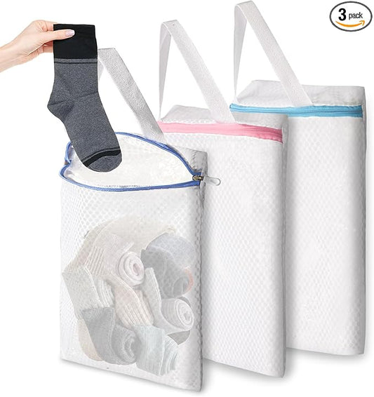 3 PACK Hanging Mesh Laundry Bags with S Metal Hooks,10x12 Inch Hanging Socks Laundry Bags, for Washing Machine