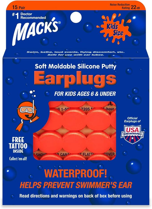 Mack's Soft Moldable Silicone Putty Ear Plugs – Kids Size, 15 Pair – Comfortable Small Earplugs for Swimming, Bathing, Travel, Loud Events and Flying | Made in USA