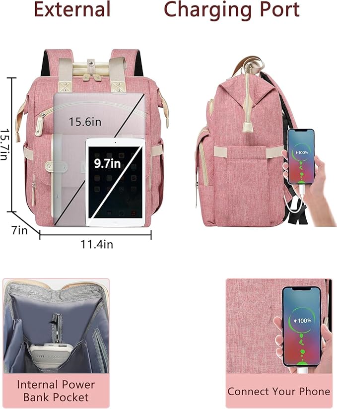 FALANKO Backpack for Women,Wide Open Work Large Student Bookbag for 15.6 Inch Laptop,Doctor Teacher Nurse College School Travel Bag,Water Resistant Laptop Bookbag Computer Back Pack Pink